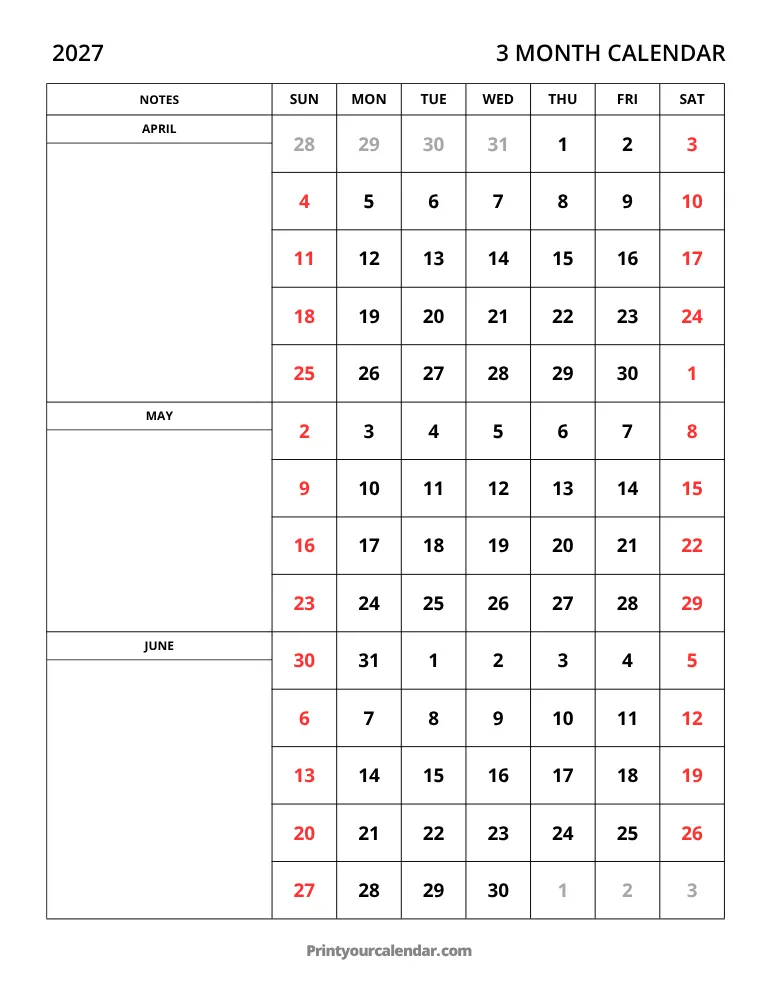 3 Month Calendar 2027 Apr-Jun