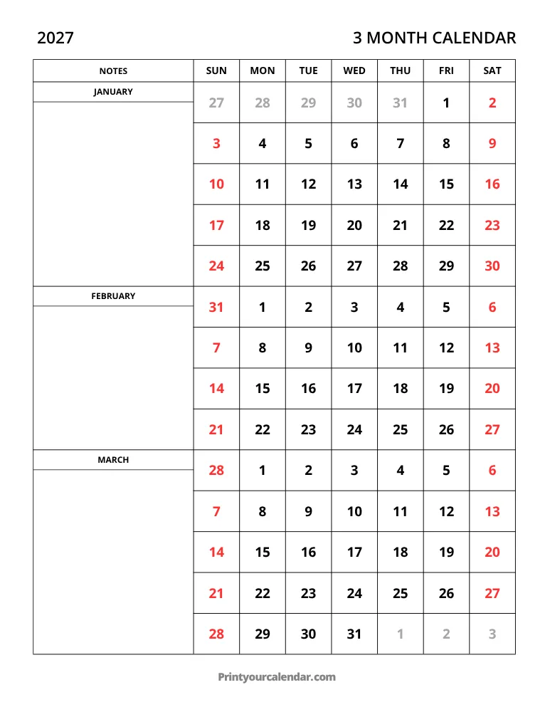 3 Month Calendar 2027 Jan-Mar
