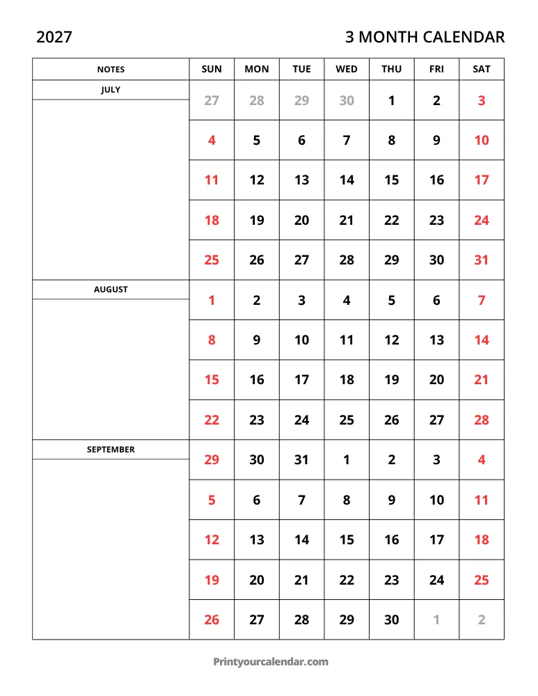 3 Month Calendar 2027 Jul-Sep