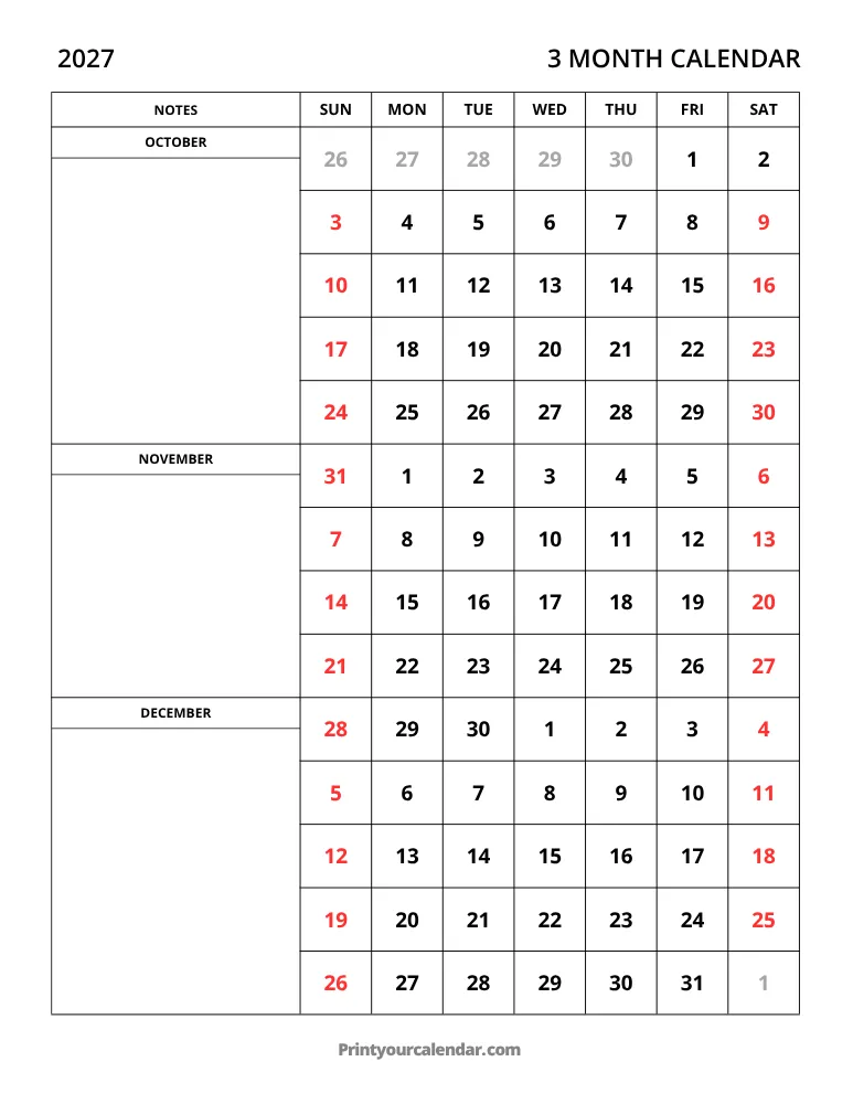 3 Month Calendar 2027 Oct-Dec