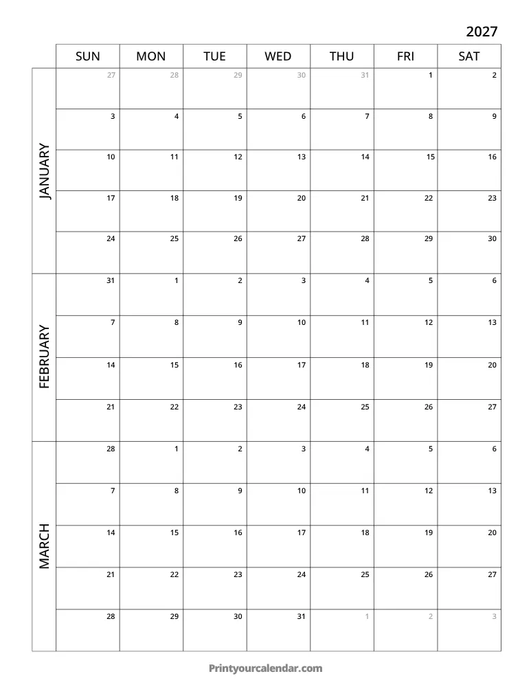 3 Month Calendar 2027 Q1