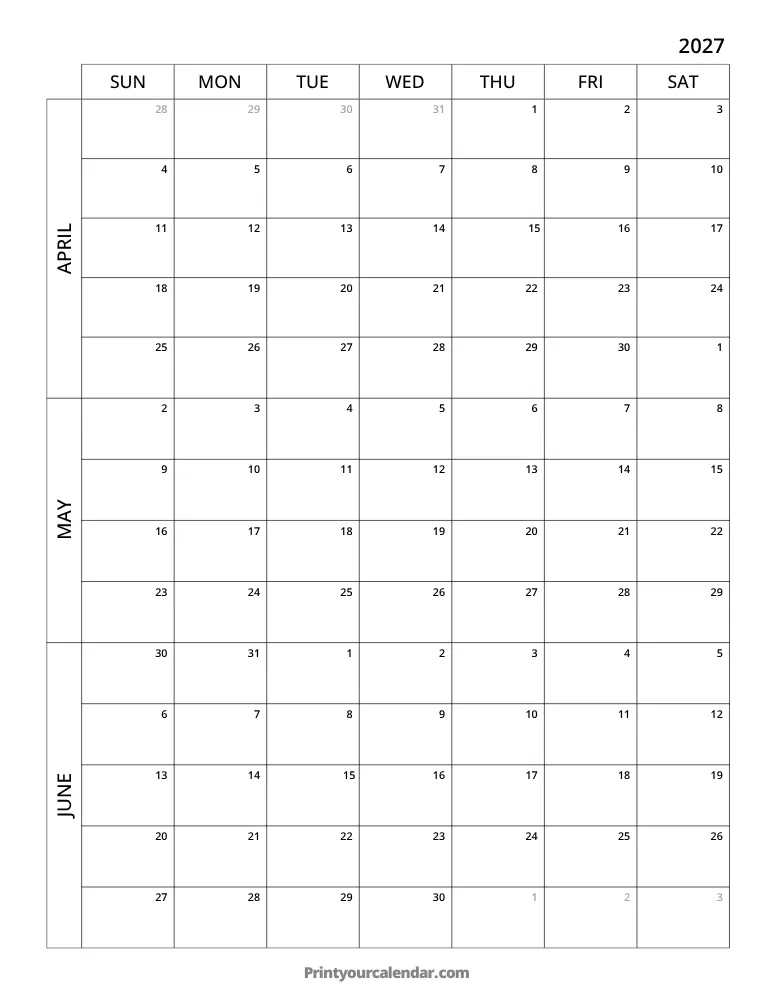 3 Month Calendar 2026 Q2