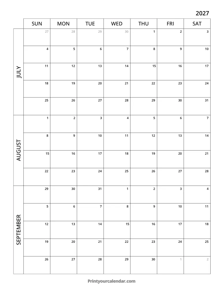 3 Month Calendar 2027 Q3