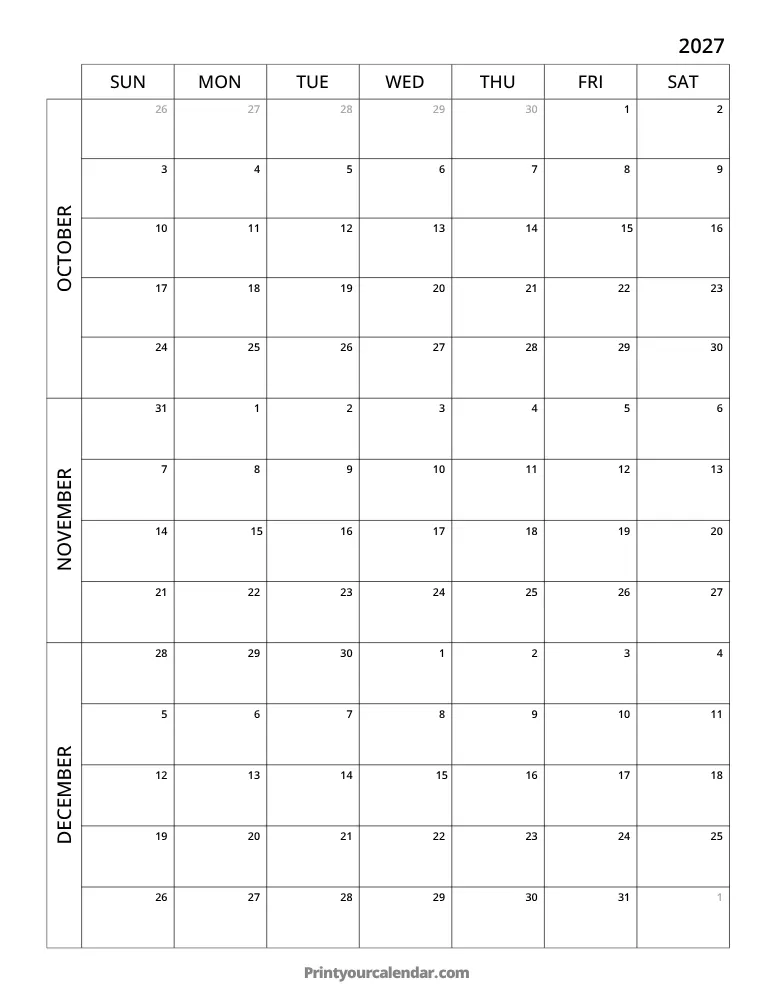 3 Month Calendar 2027 Q4
