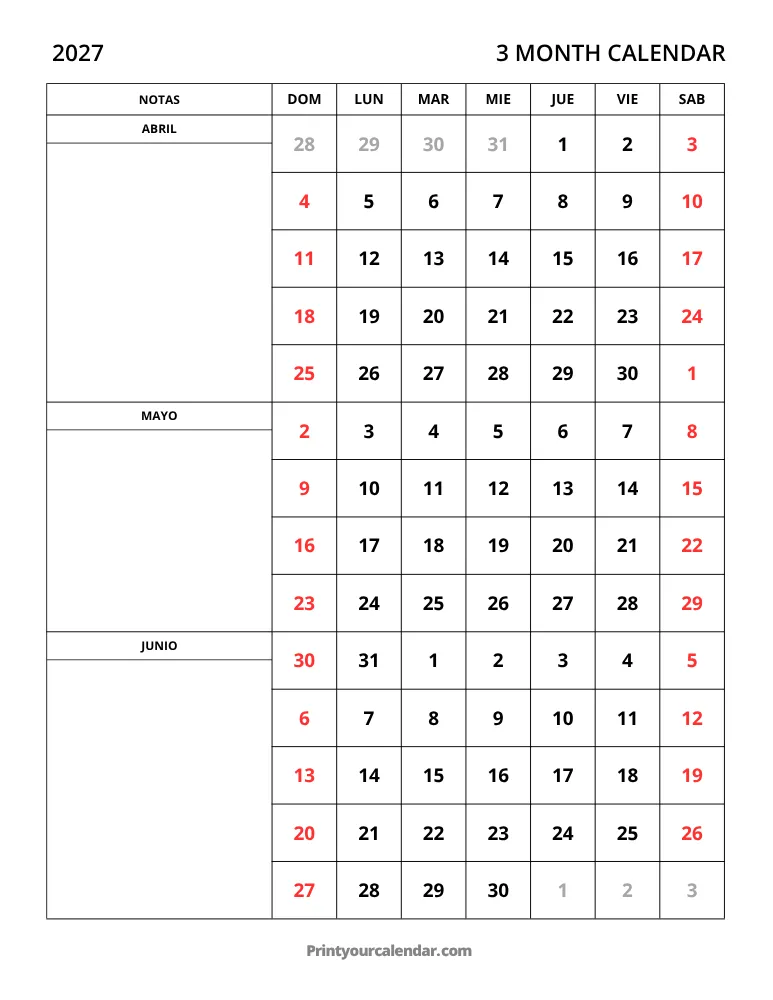 Calendario de 3 meses 2027 Abr-Jun