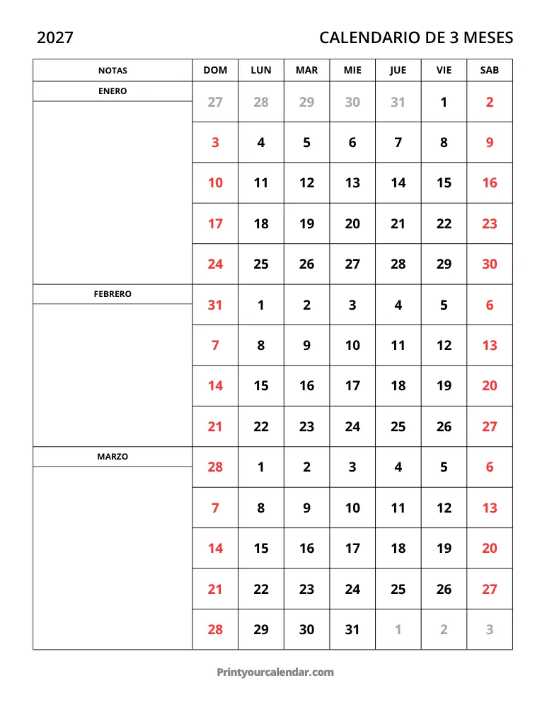 Calendario de 3 meses 2027 Ene-Mar