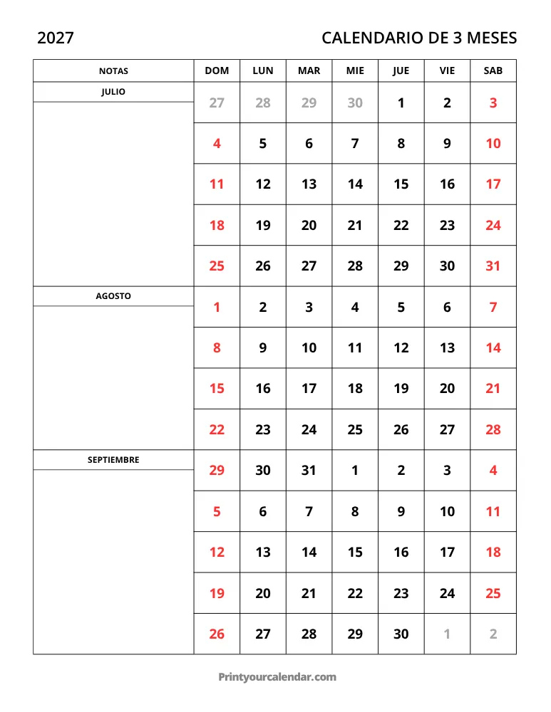 Calendario de 3 meses 2027 Jul-Sep
