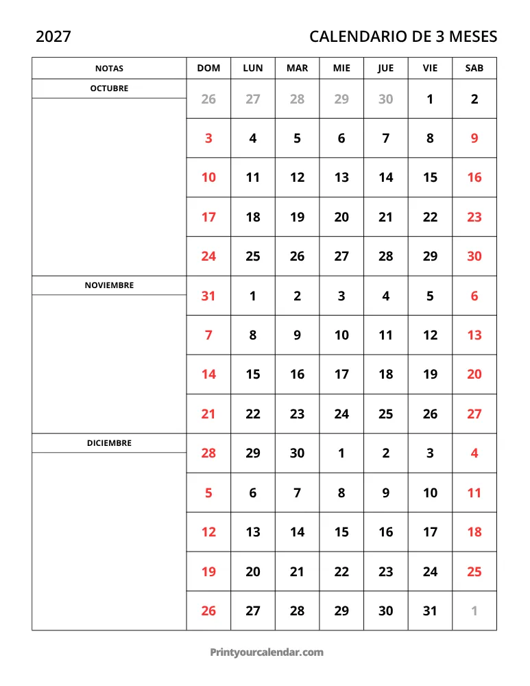 Calendario de 3 meses 2027 Oct-Dic
