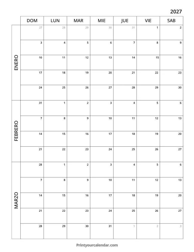 Calendario de 3 meses 2027 T1