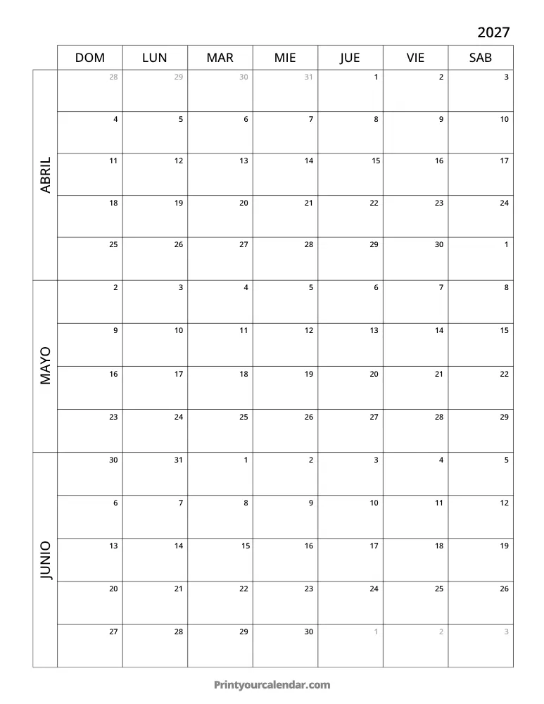 Calendario de 3 meses 2027 T2