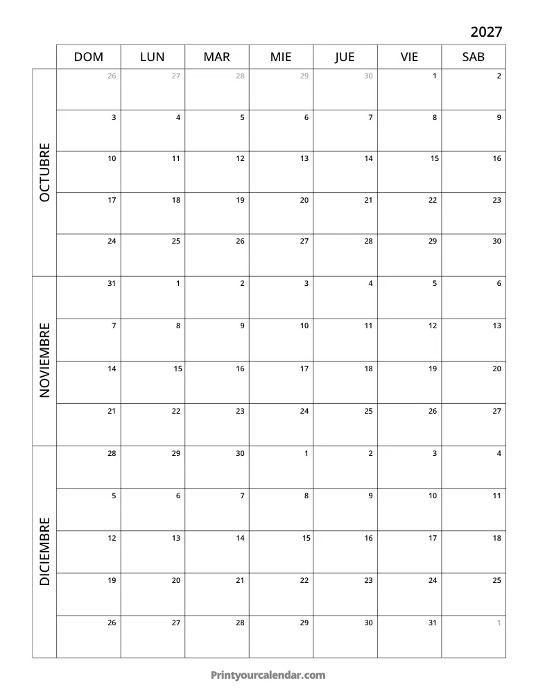 Calendario de 3 meses 2027 T4