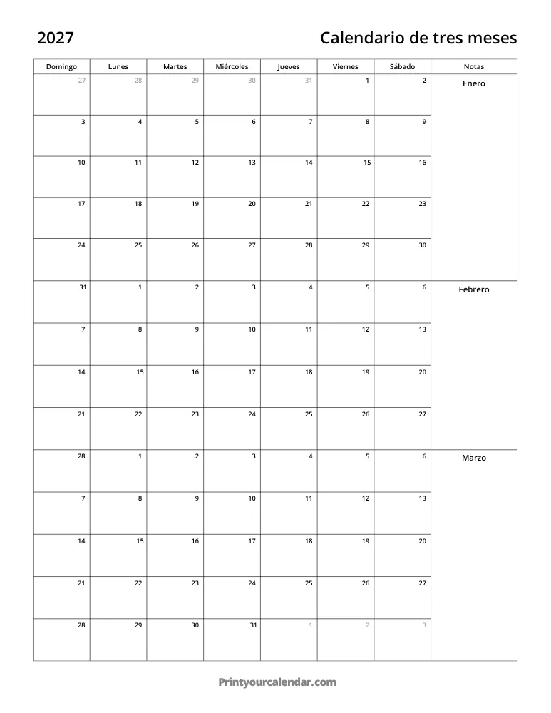 Calendario de tres meses 2027 T1