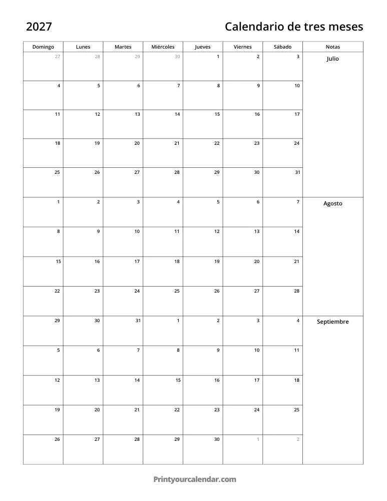 Calendario de tres meses 2027 T3
