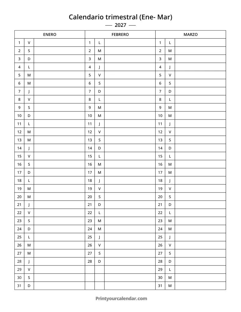 Calendario trimestral 2027 Ene-Mar