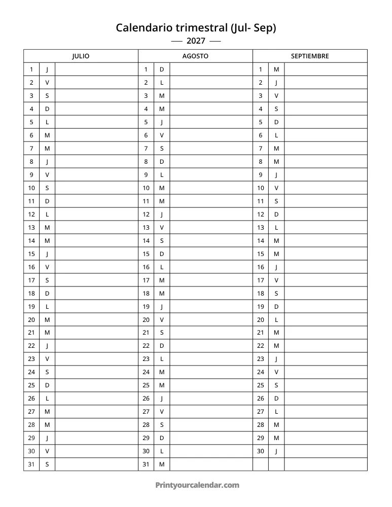 Calendario trimestral 2027 Jul-Sep