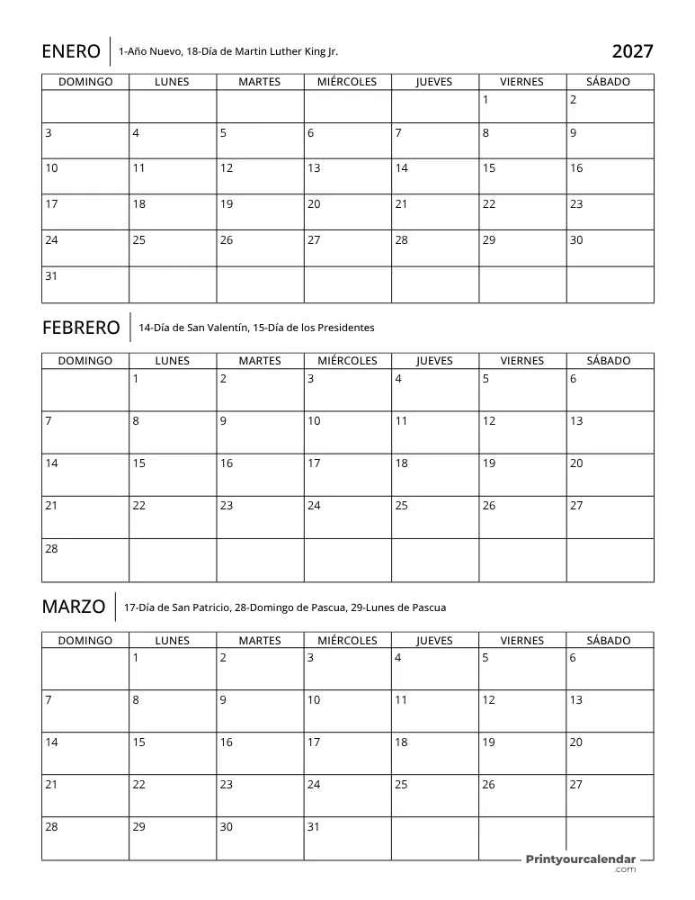 Calendario trimestral 2027 T1