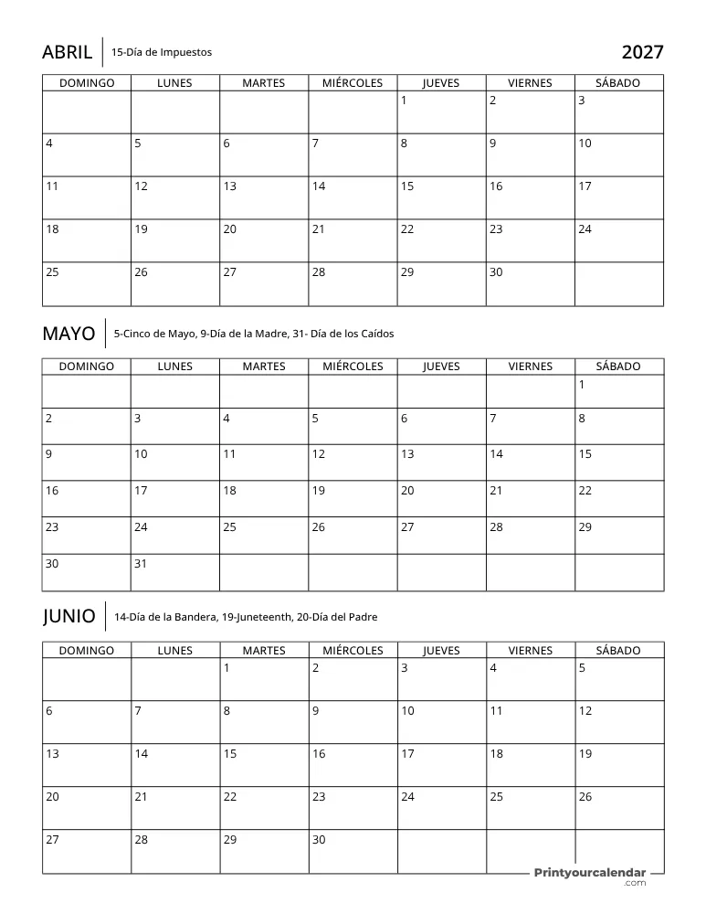 Calendario trimestral 2027 T2
