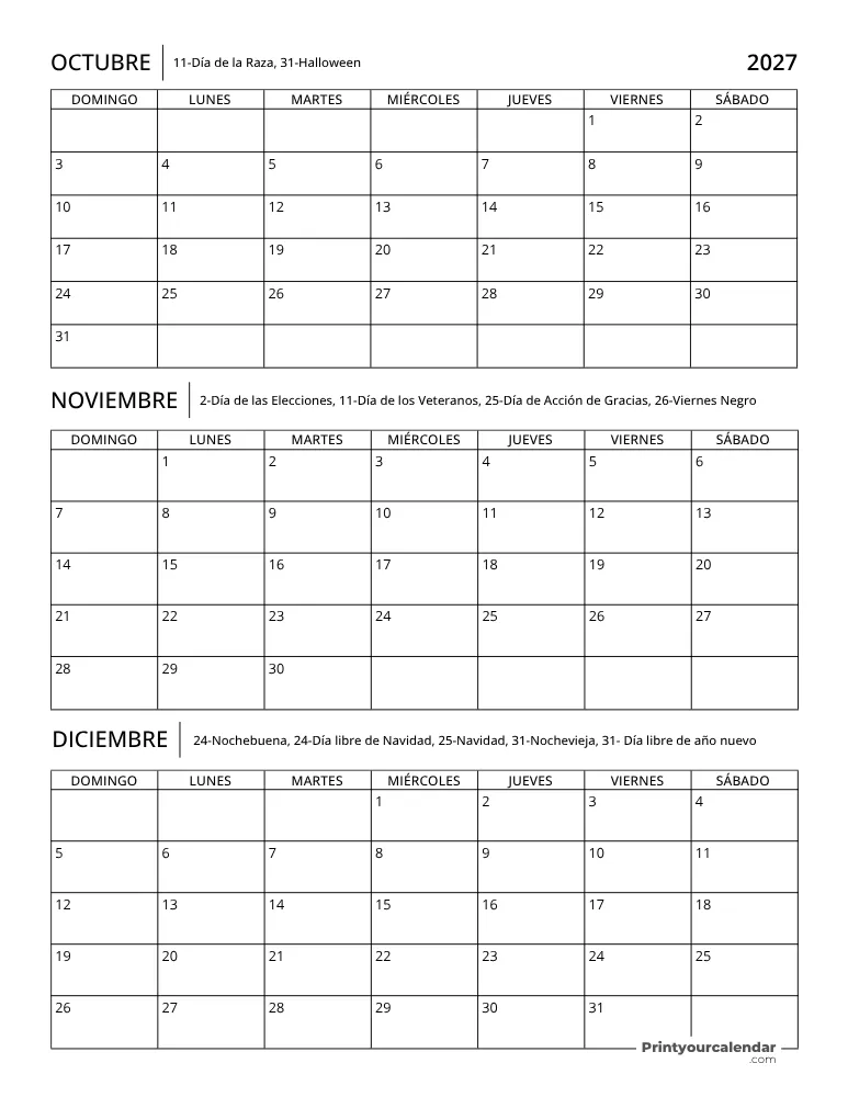 Calendario trimestral 2027 T4