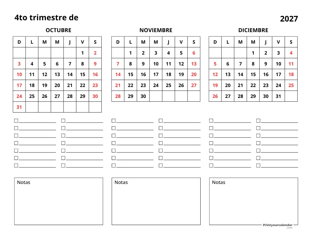 Calendario trimestral del cuarto trimestre de 2027