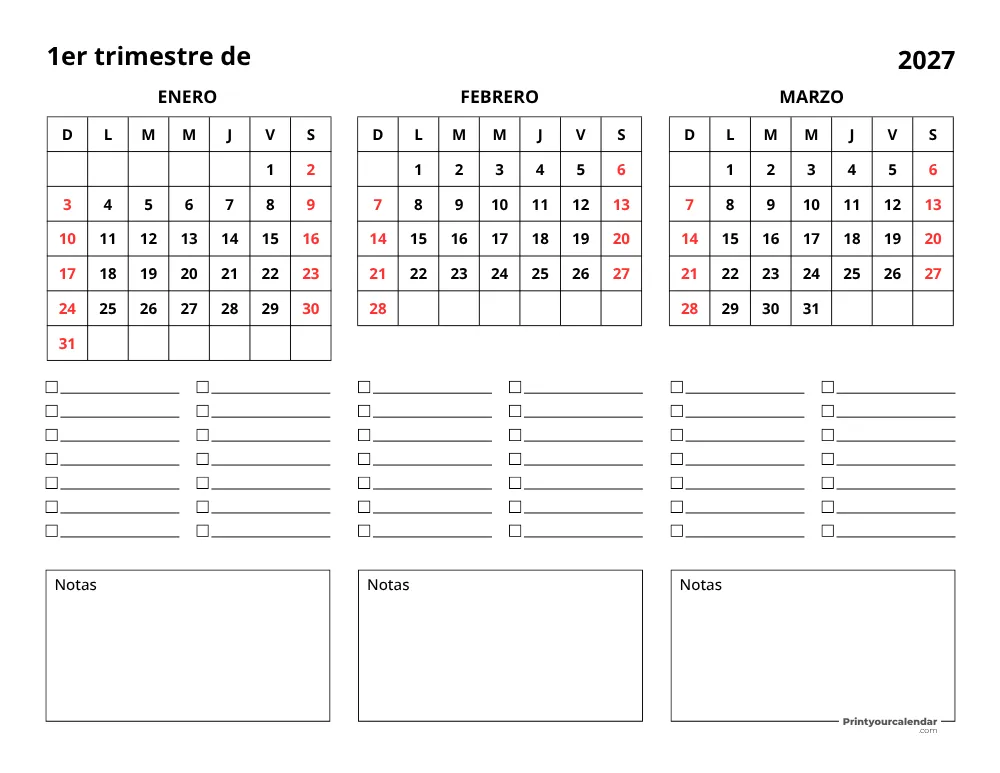 Calendario trimestral del primer trimestre de 2027