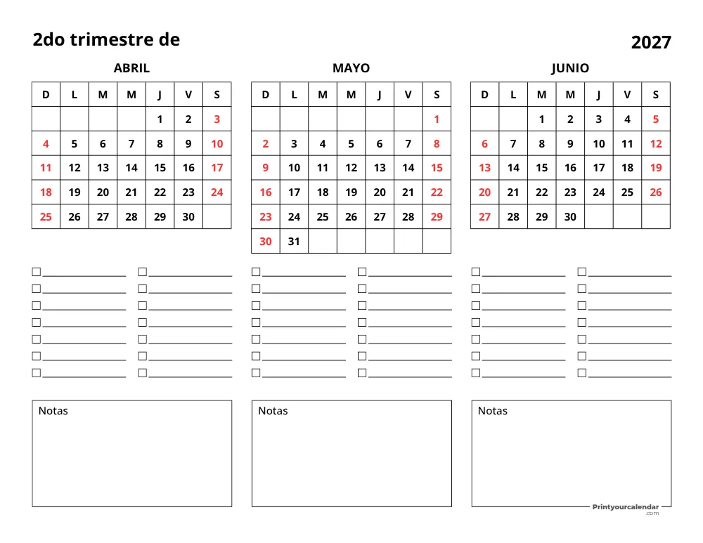 Calendario trimestral del segundo trimestre de 2027