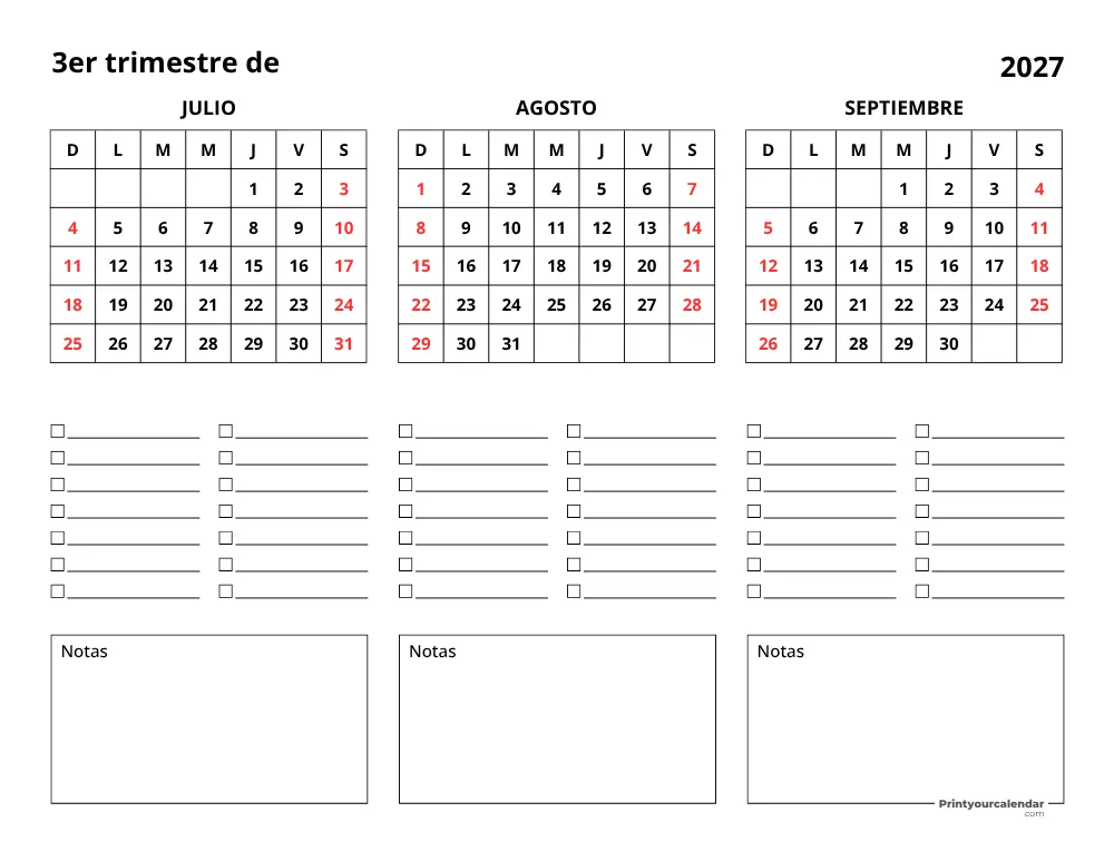 Calendario trimestral del tercer trimestre de 2027