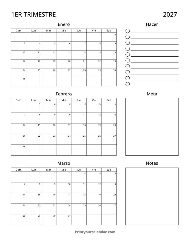 Calendario trimestral imprimible T1 2027