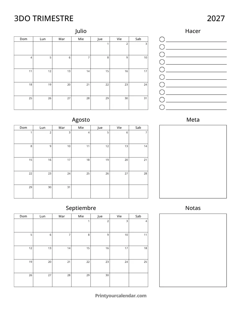 Calendario trimestral imprimible T3 2027