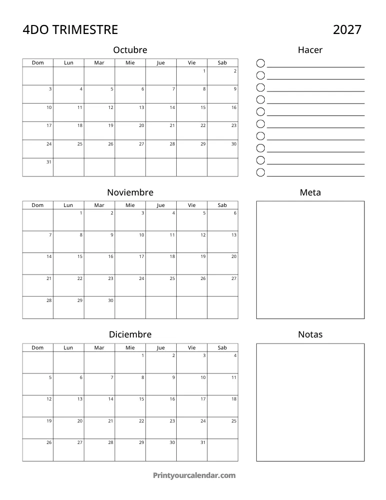 Calendario trimestral imprimible T4 2027
