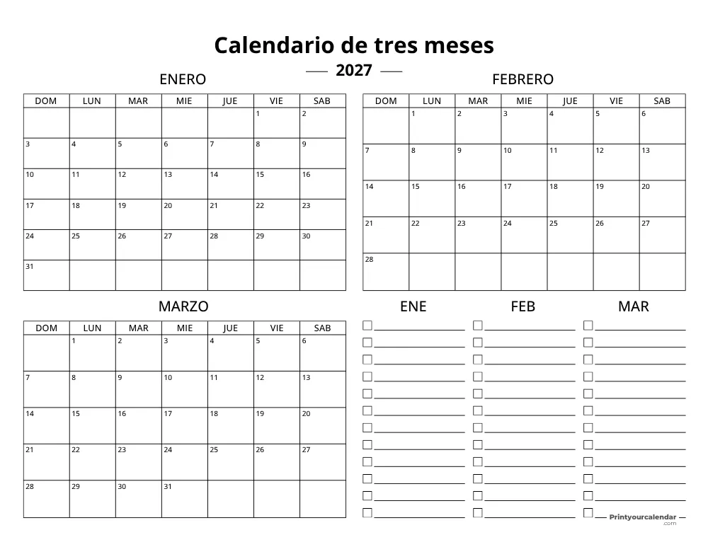 Plantilla de calendario trimestral 2027 T1
