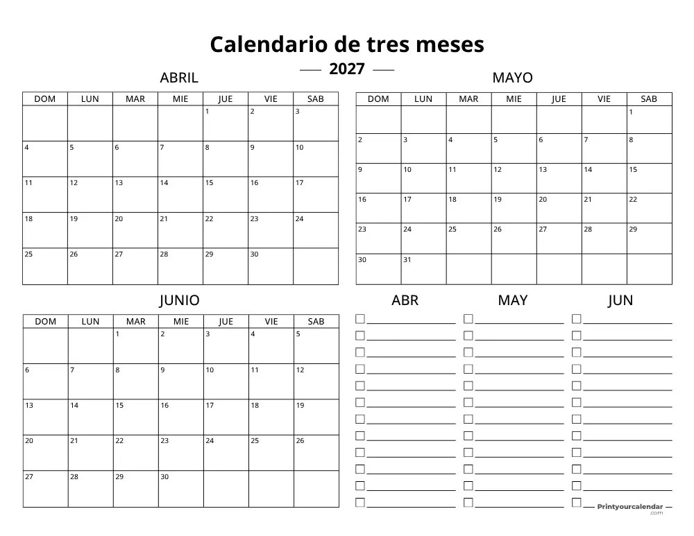 Plantilla de calendario trimestral 2027 T2