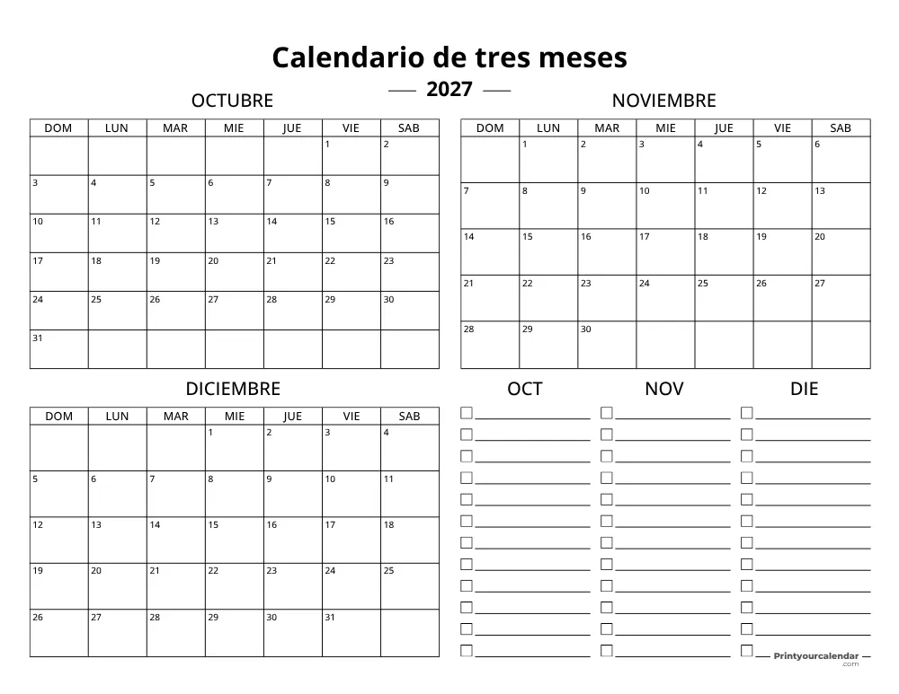 Plantilla de calendario trimestral 2027 T4