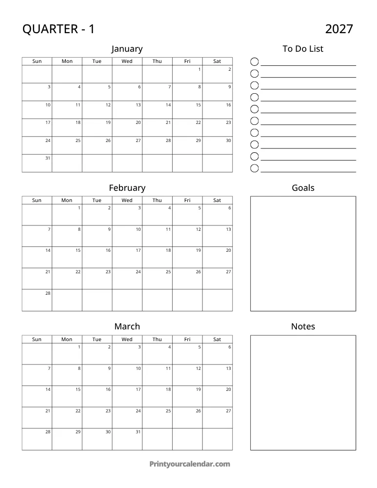 Printable 2027 Quarterly Calendar Q1