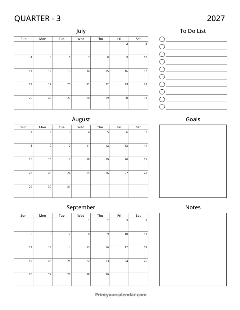 Printable 2027 Quarterly Calendar Q3