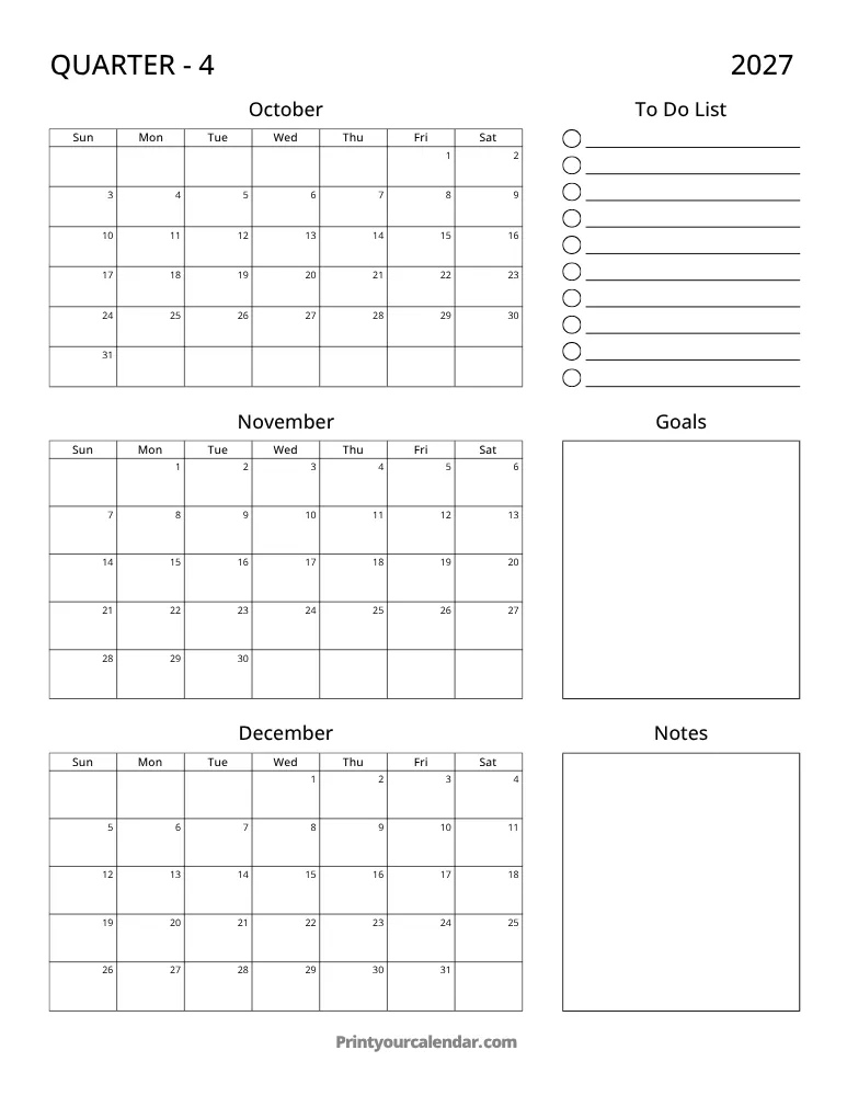 Printable 2027 Quarterly Calendar Q4