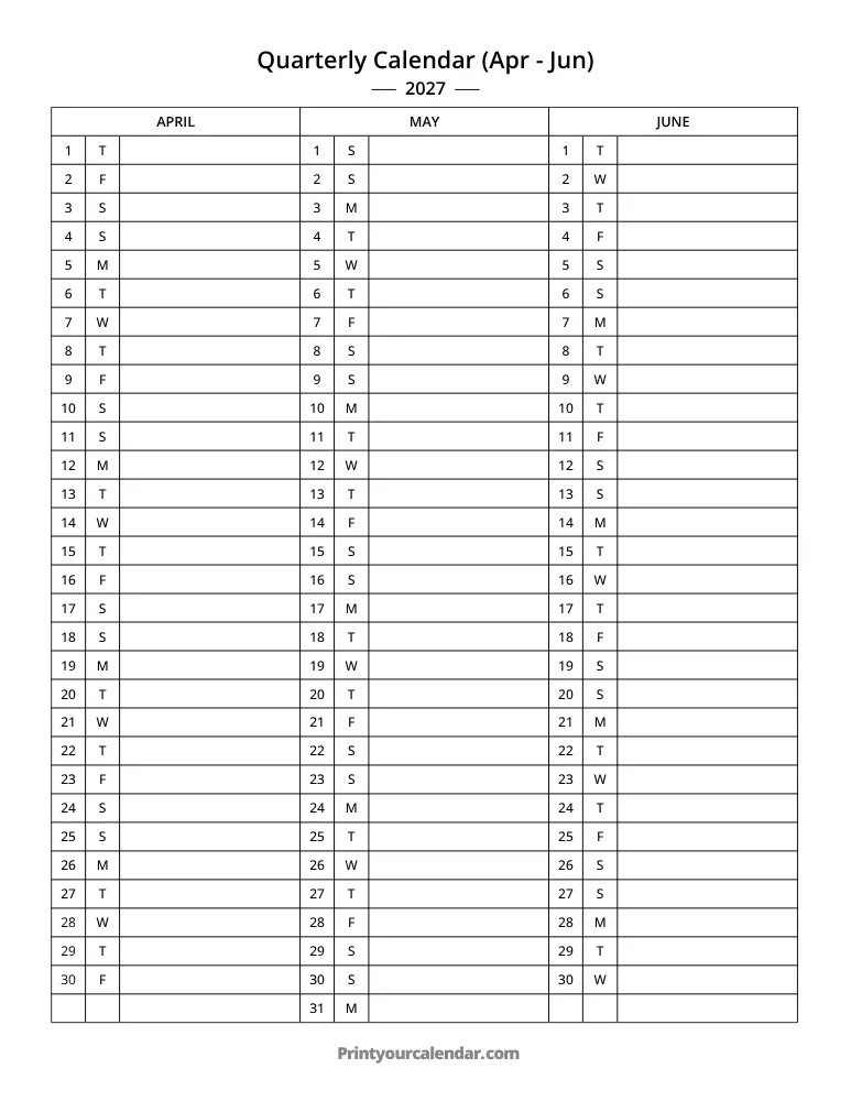 Quarterly Calendar 2027 Apr-Jun