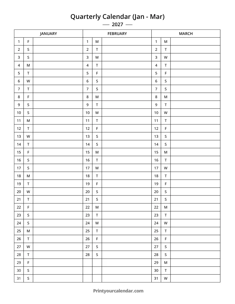 Quarterly Calendar 2027 Jan-Mar