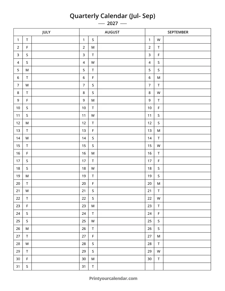 Quarterly Calendar 2027 Jul-Sep
