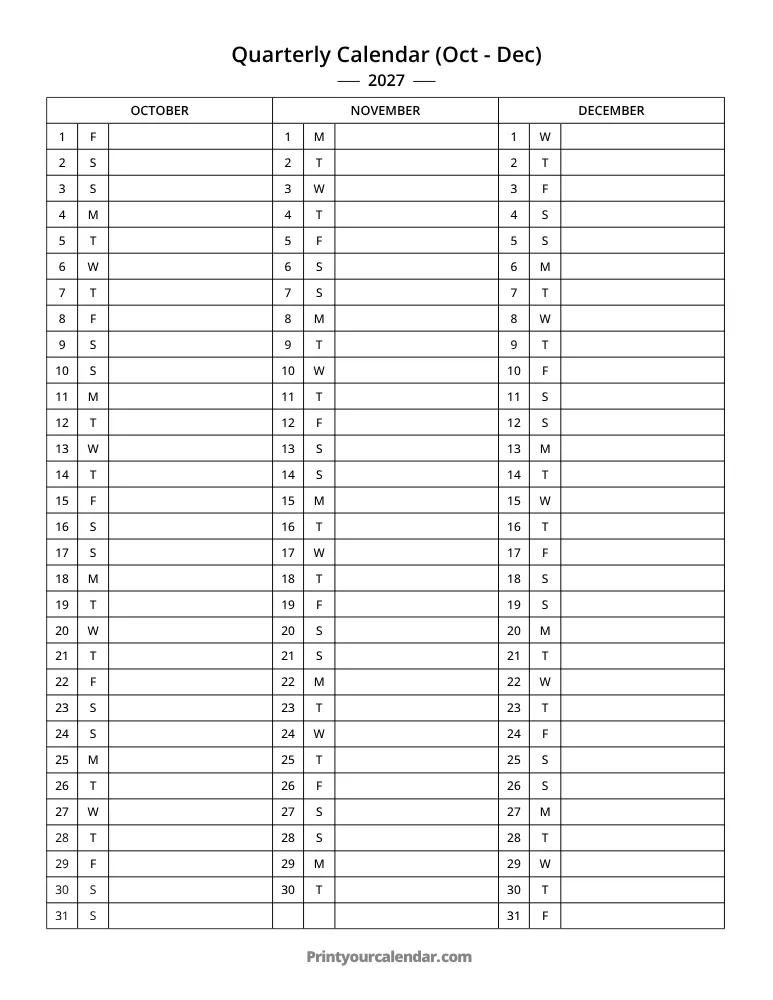 Quarterly Calendar 2027 Oct-Dec