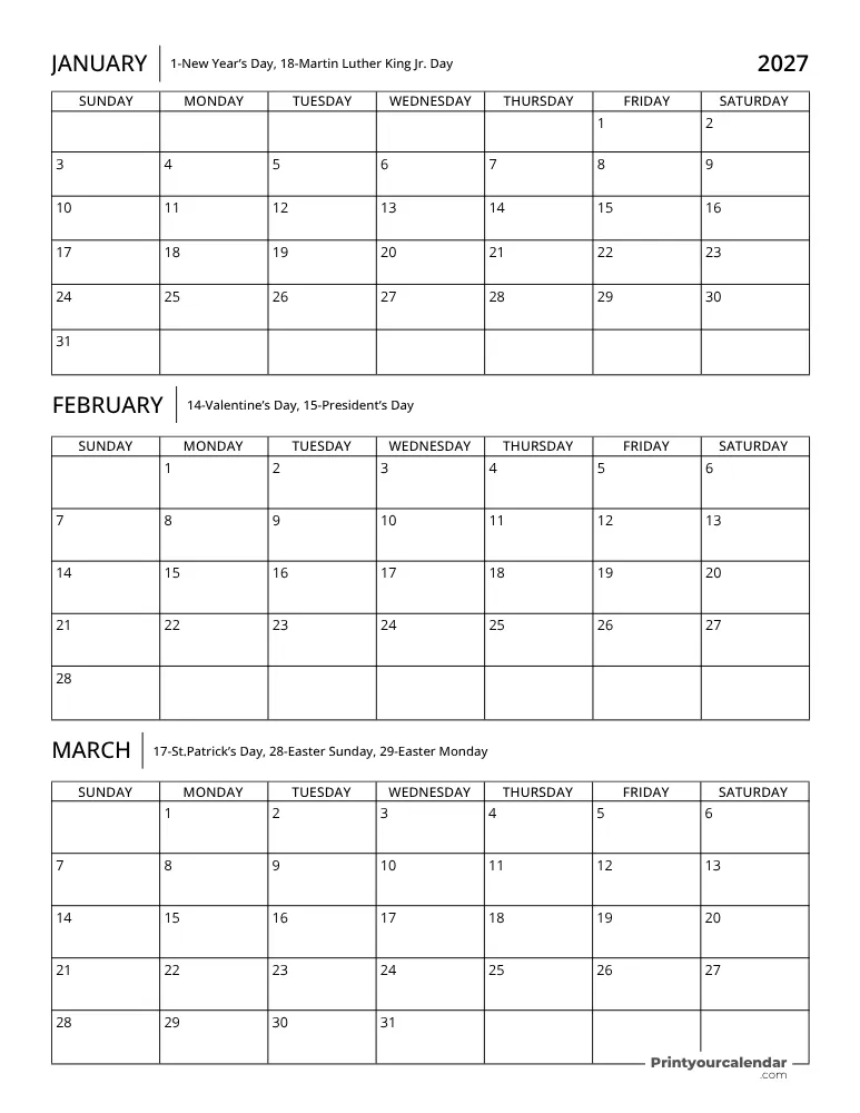Quarterly Calendar 2027 Q1