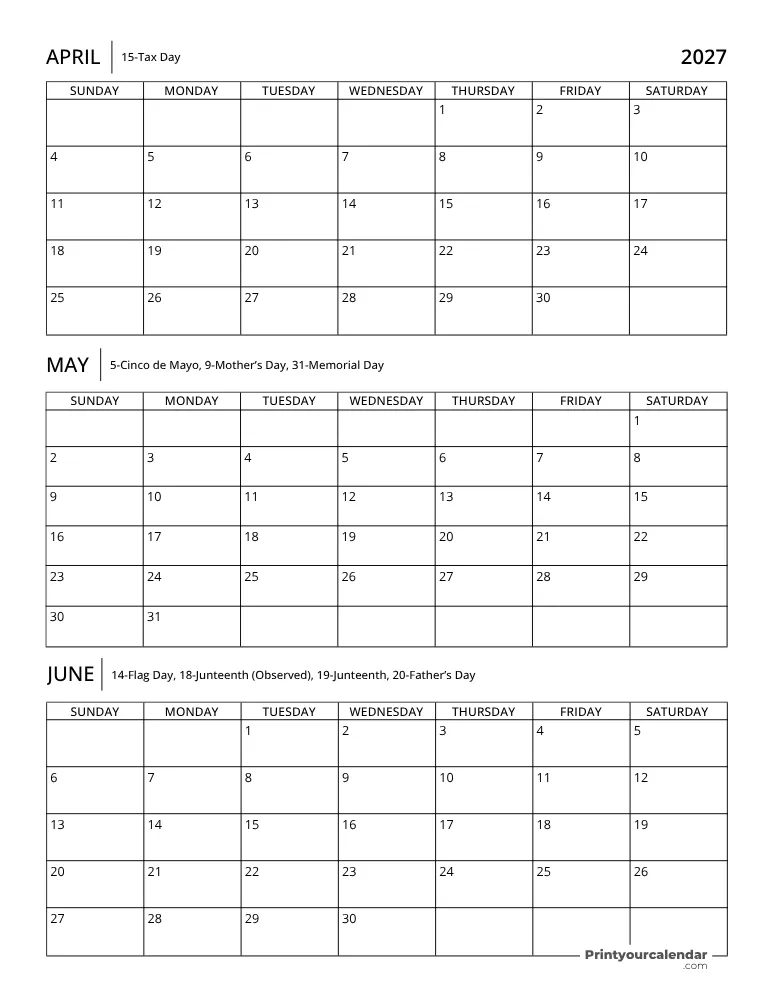 Quarterly Calendar 2027 Q2