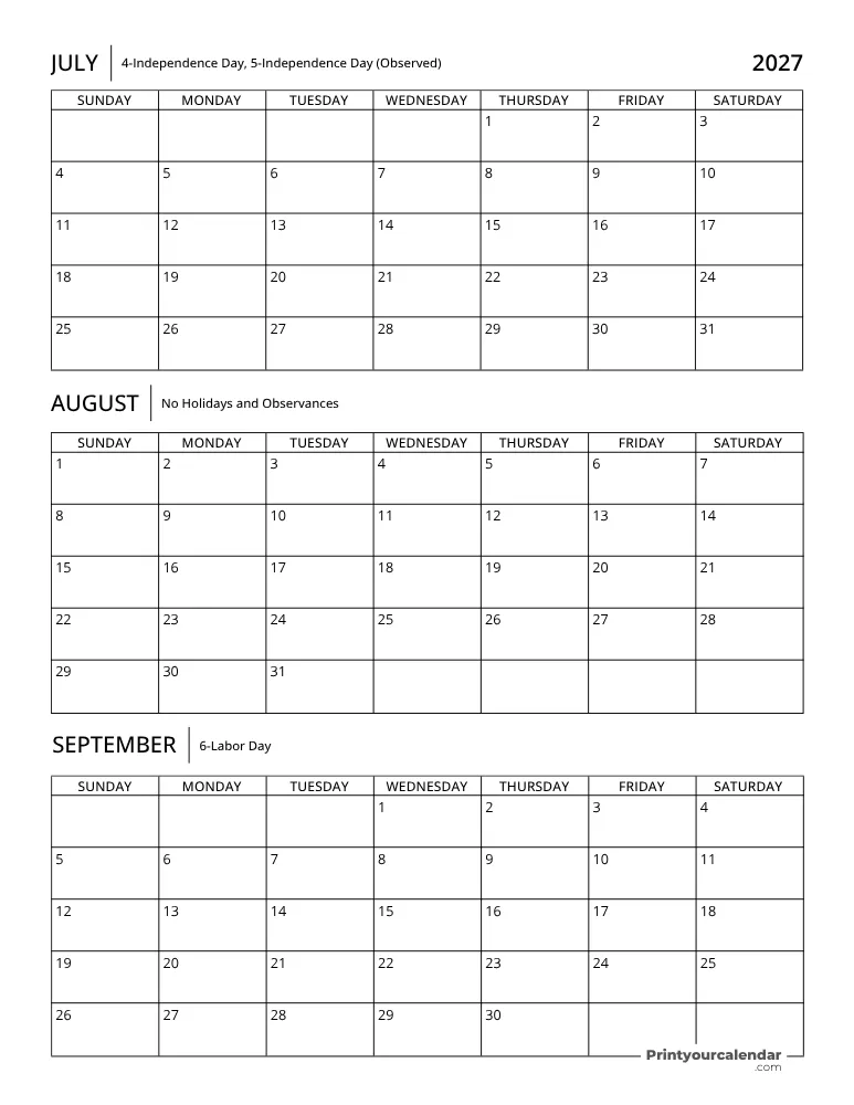 Quarterly Calendar 2027 Q3