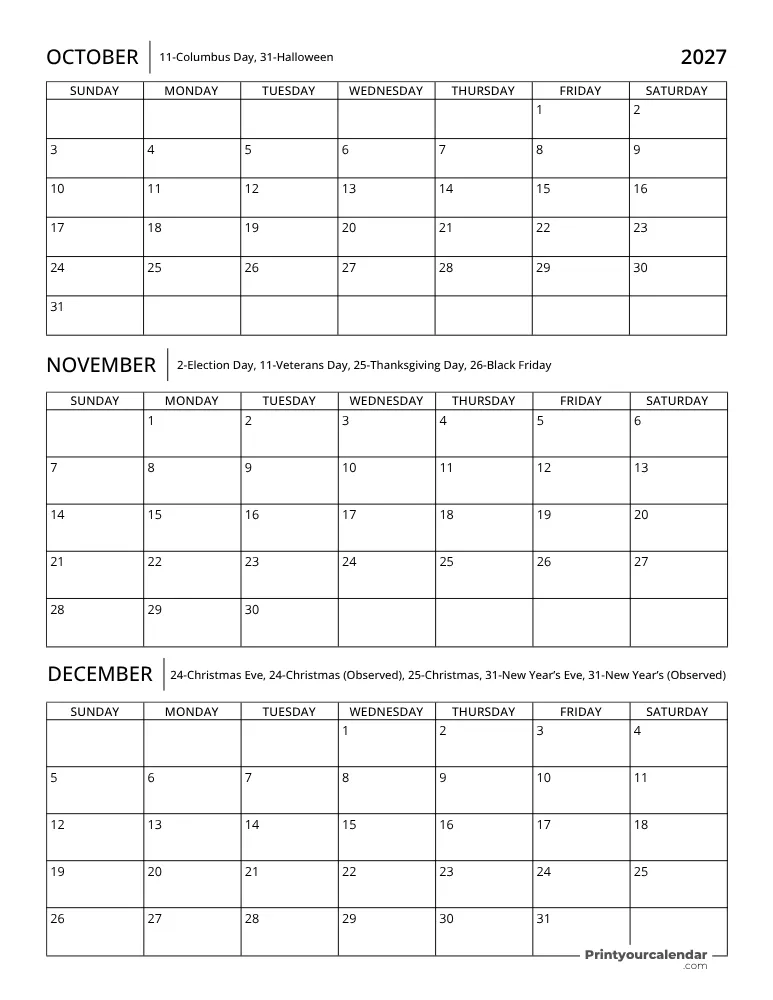Quarterly Calendar 2027 Q4