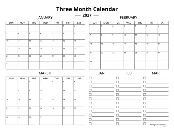 Plantilla de calendario trimestral 2027 T1