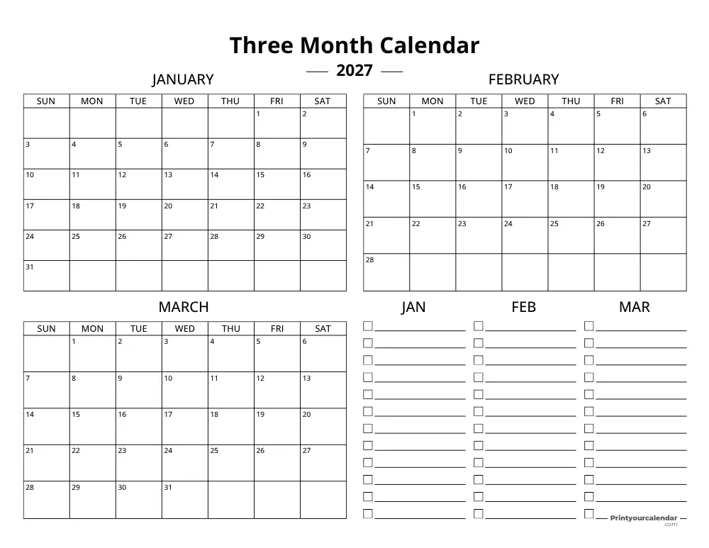 Quarterly Calendar Template 2027 Q1