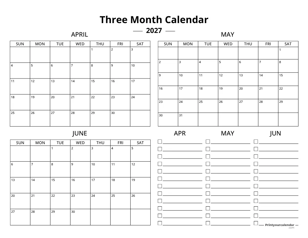 Quarterly Calendar Template 2027 Q2