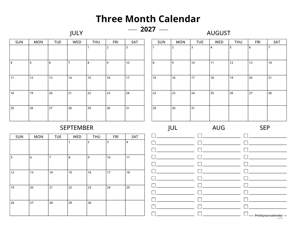 Quarterly Calendar Template 2027 Q3