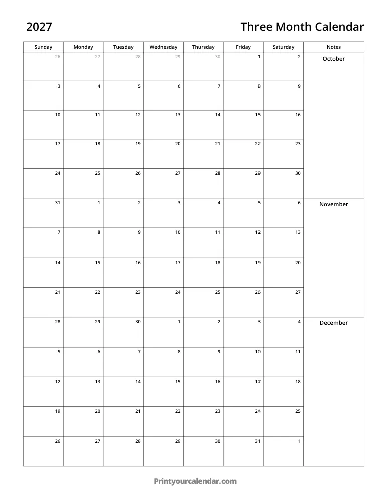 Three Month Calendar 2027 Q4